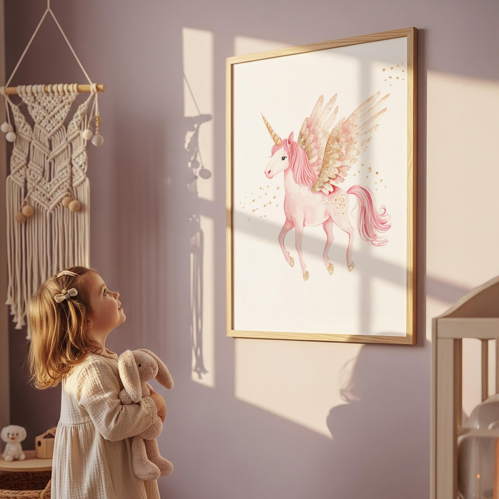 Magical Pink Unicorn With Wings Wall Art Print
