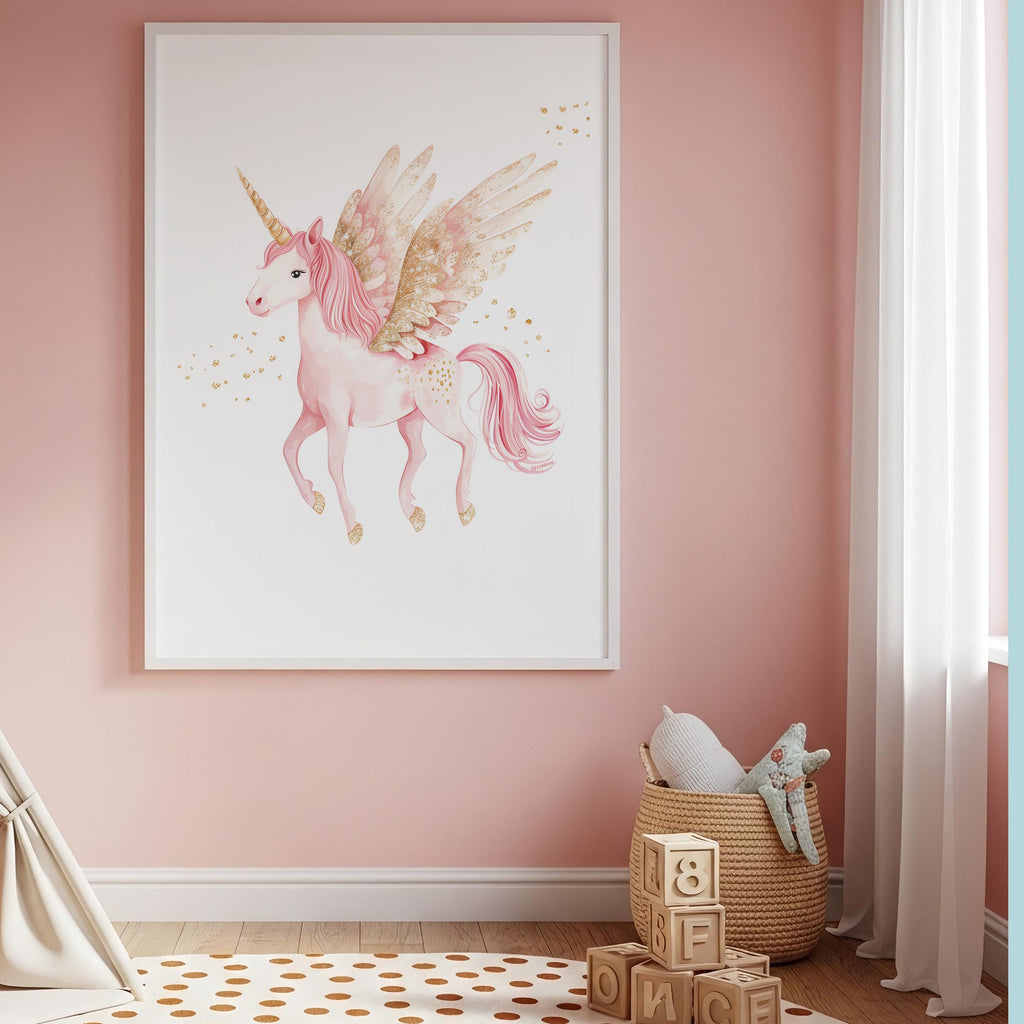 Magical Pink Unicorn With Wings Wall Art Print