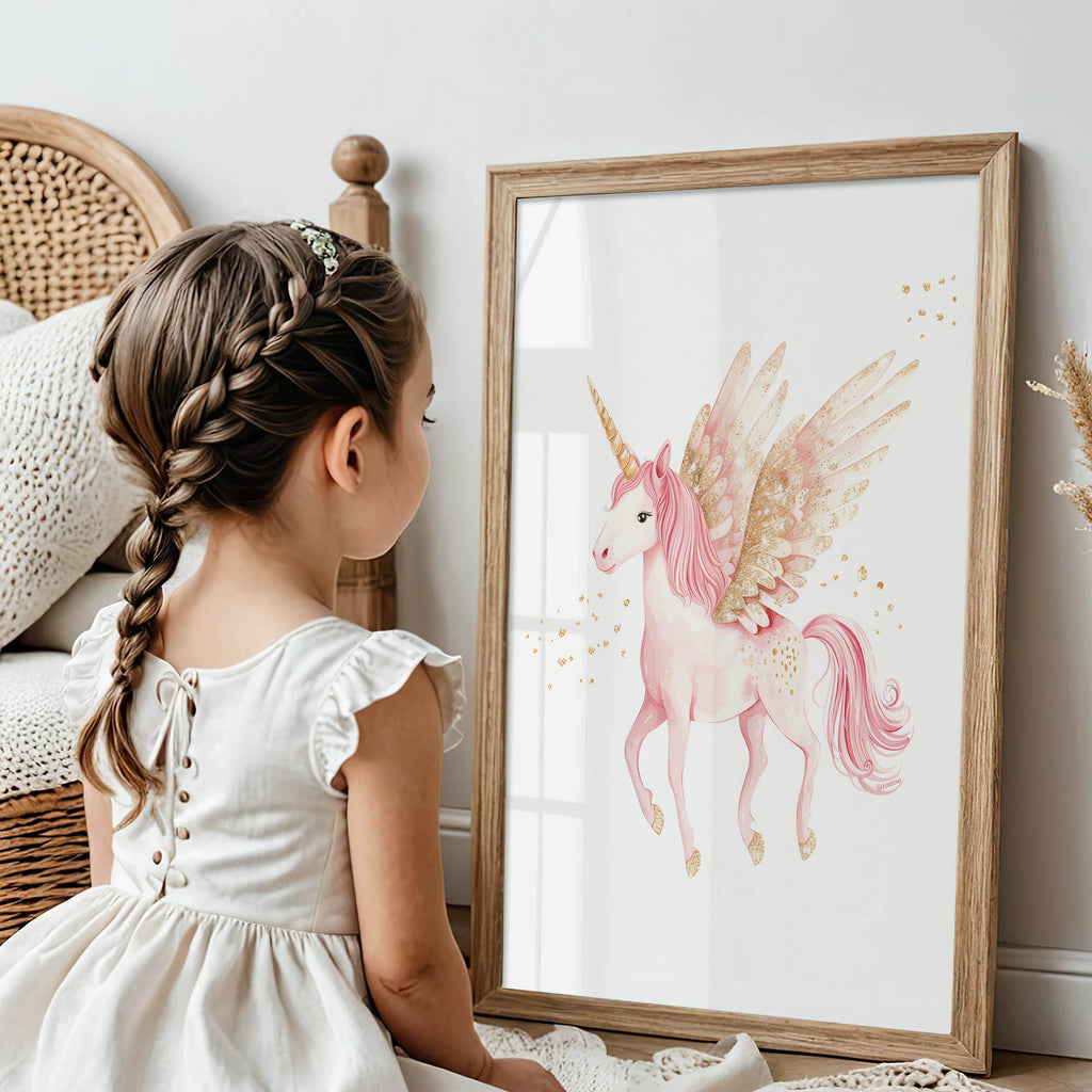 Magical Pink Unicorn With Wings Wall Art Print