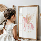 Magical Pink Unicorn With Wings Wall Art Print