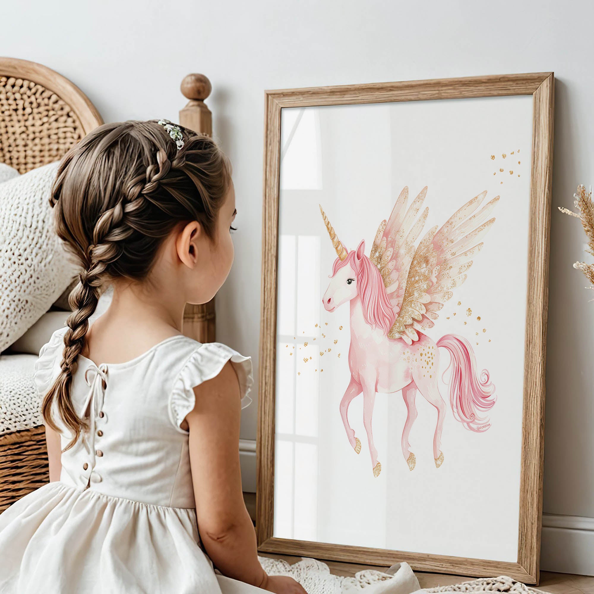 Magical Pink Unicorn With Wings Wall Art Print