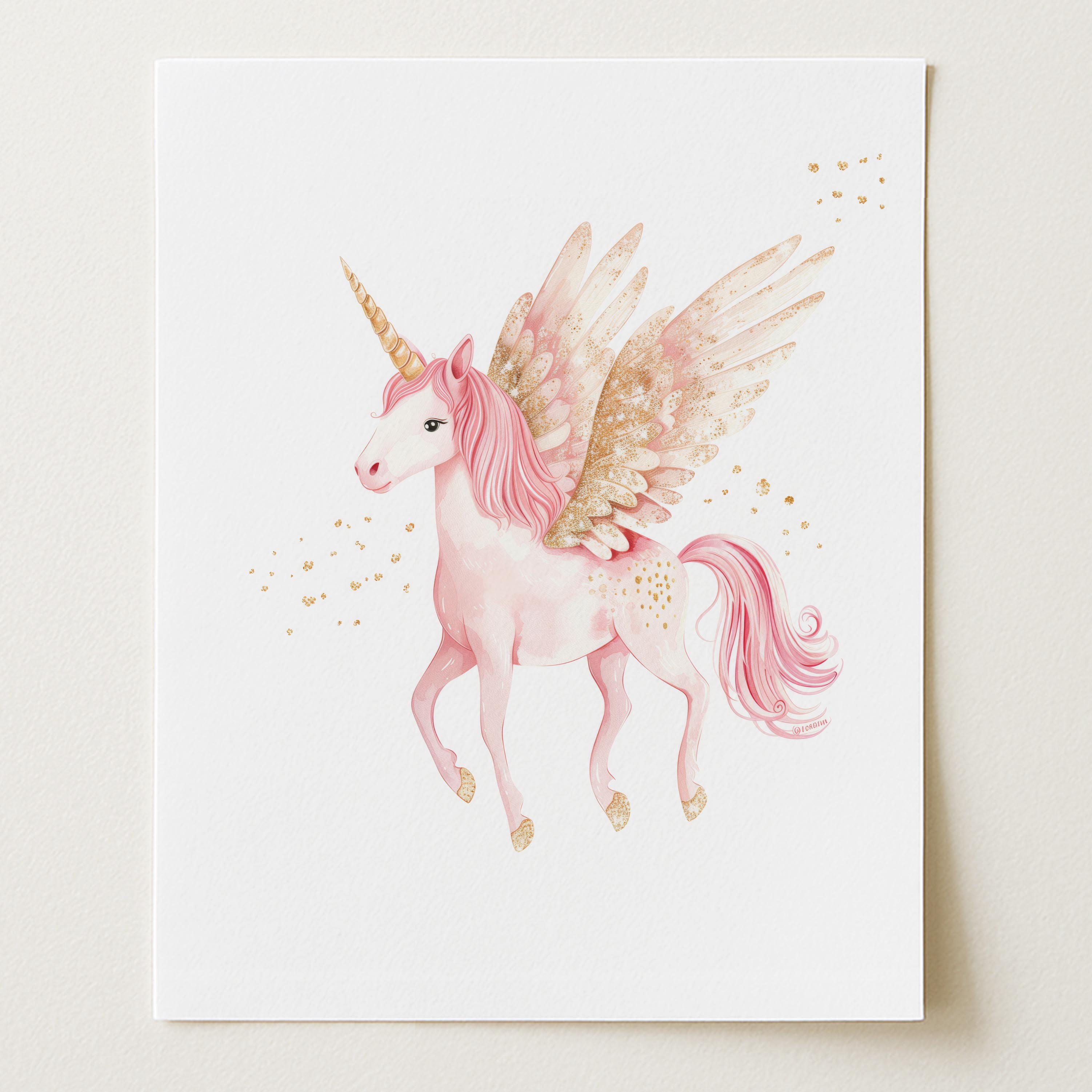 Magical Pink Unicorn With Wings Wall Art Print (Unframed)