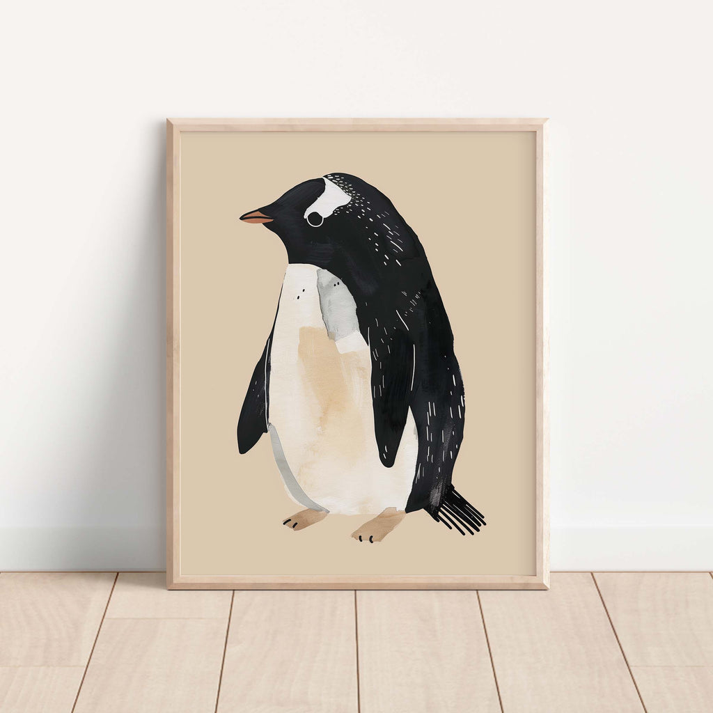 Framed artwork of a penguin on a beige background