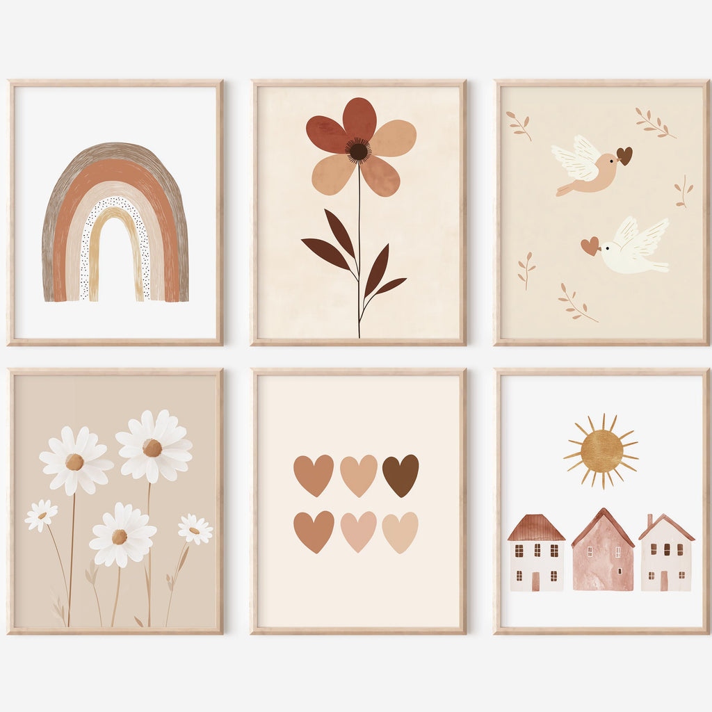 Beige Boho Wall Art Set – 6 Prints for Nursery or Kids’ Room (Unframed)