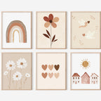 Beige Boho Wall Art Set – 6 Prints for Nursery or Kids’ Room (Unframed)