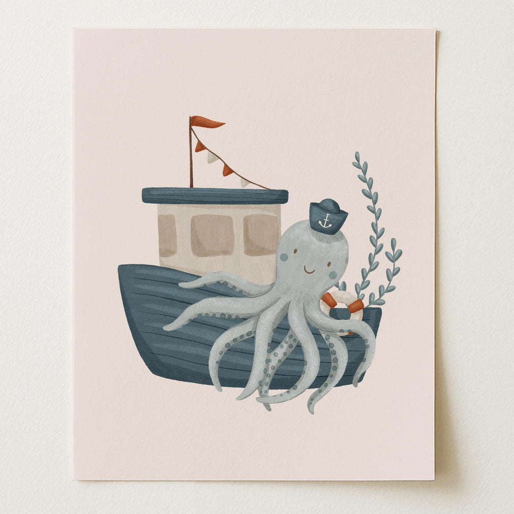 Octopus Sailor Nautical Nursery Wall Art Print (Unframed)