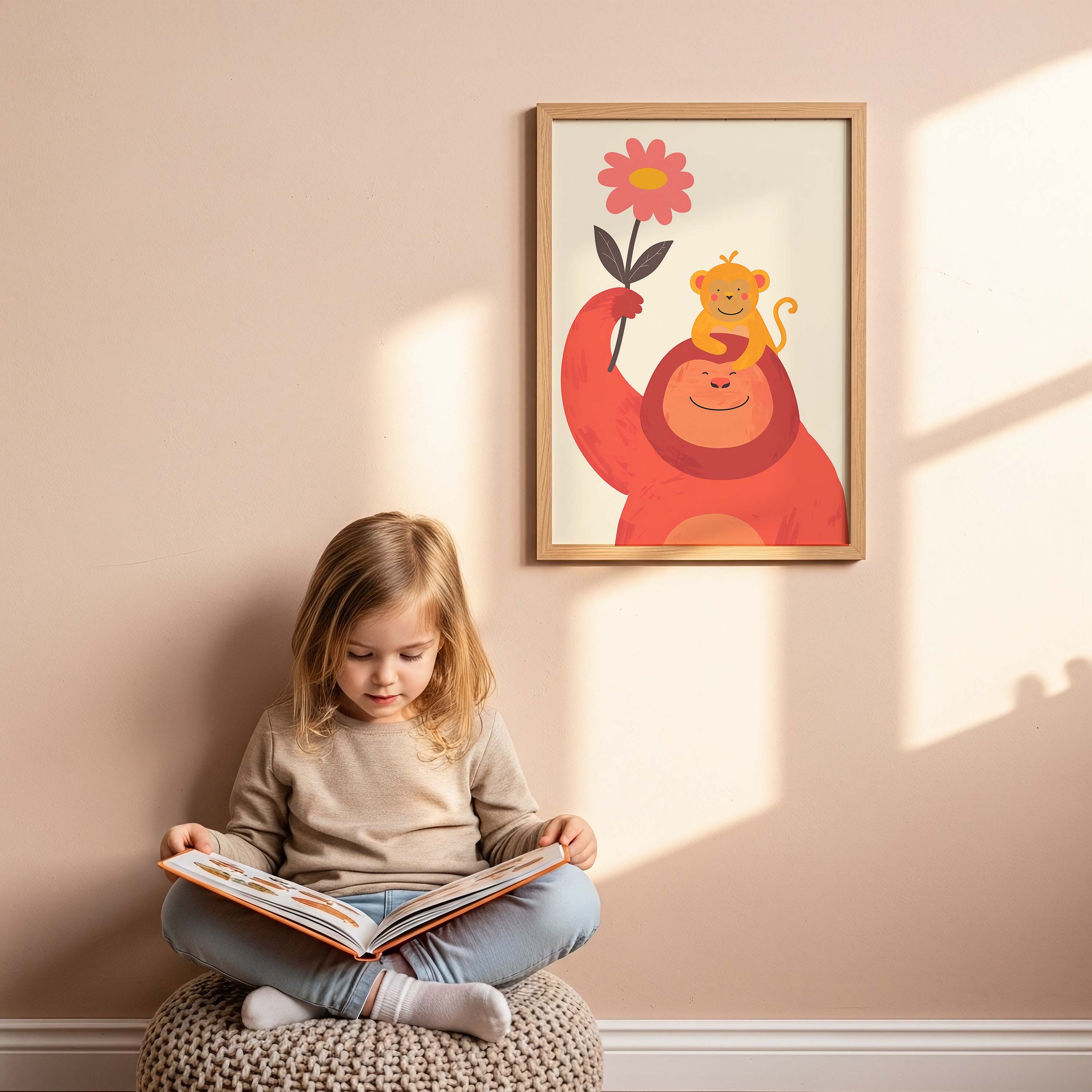 Orange Monkey & Baby Wall Art Print