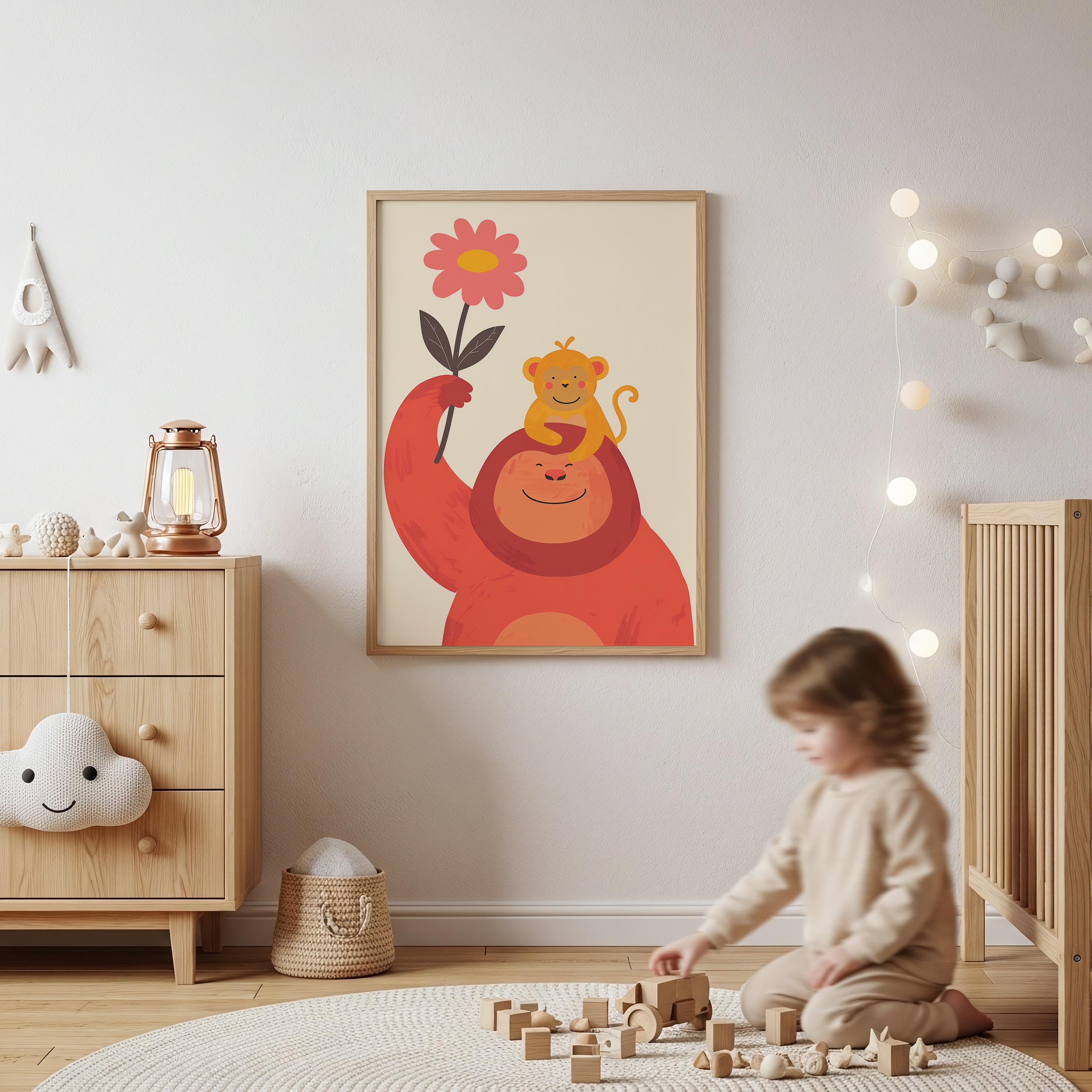 Orange Monkey & Baby Wall Art Print