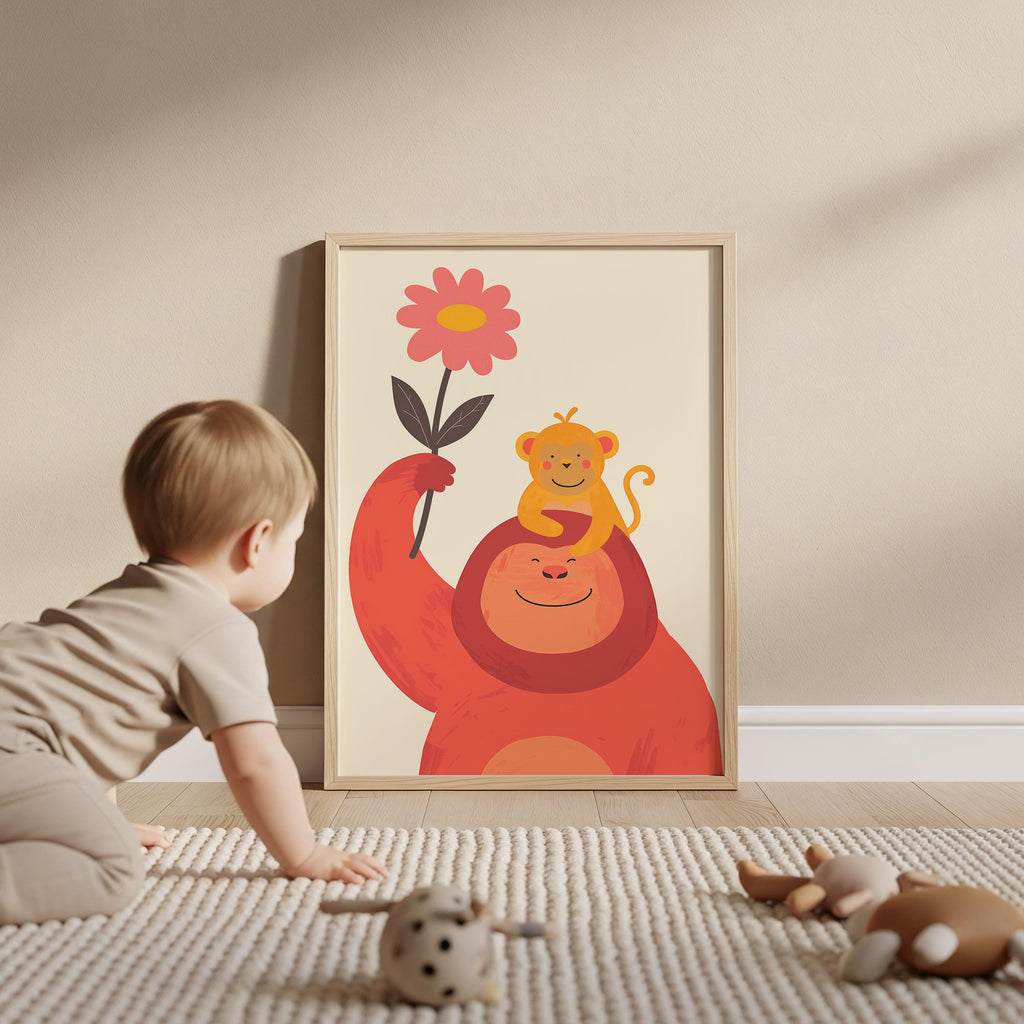 Orange Monkey & Baby Wall Art Print