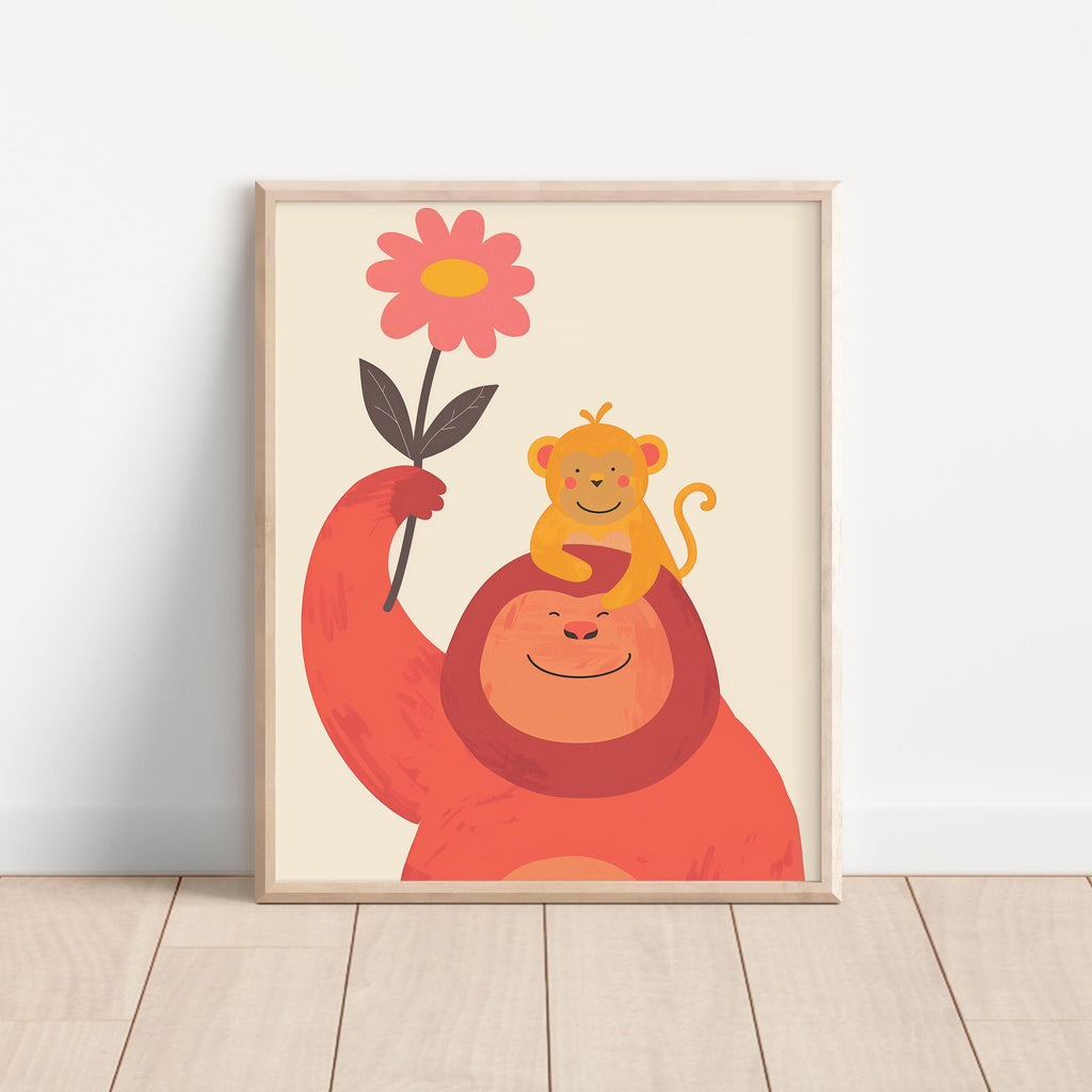 Orange Monkey & Baby Wall Art Print