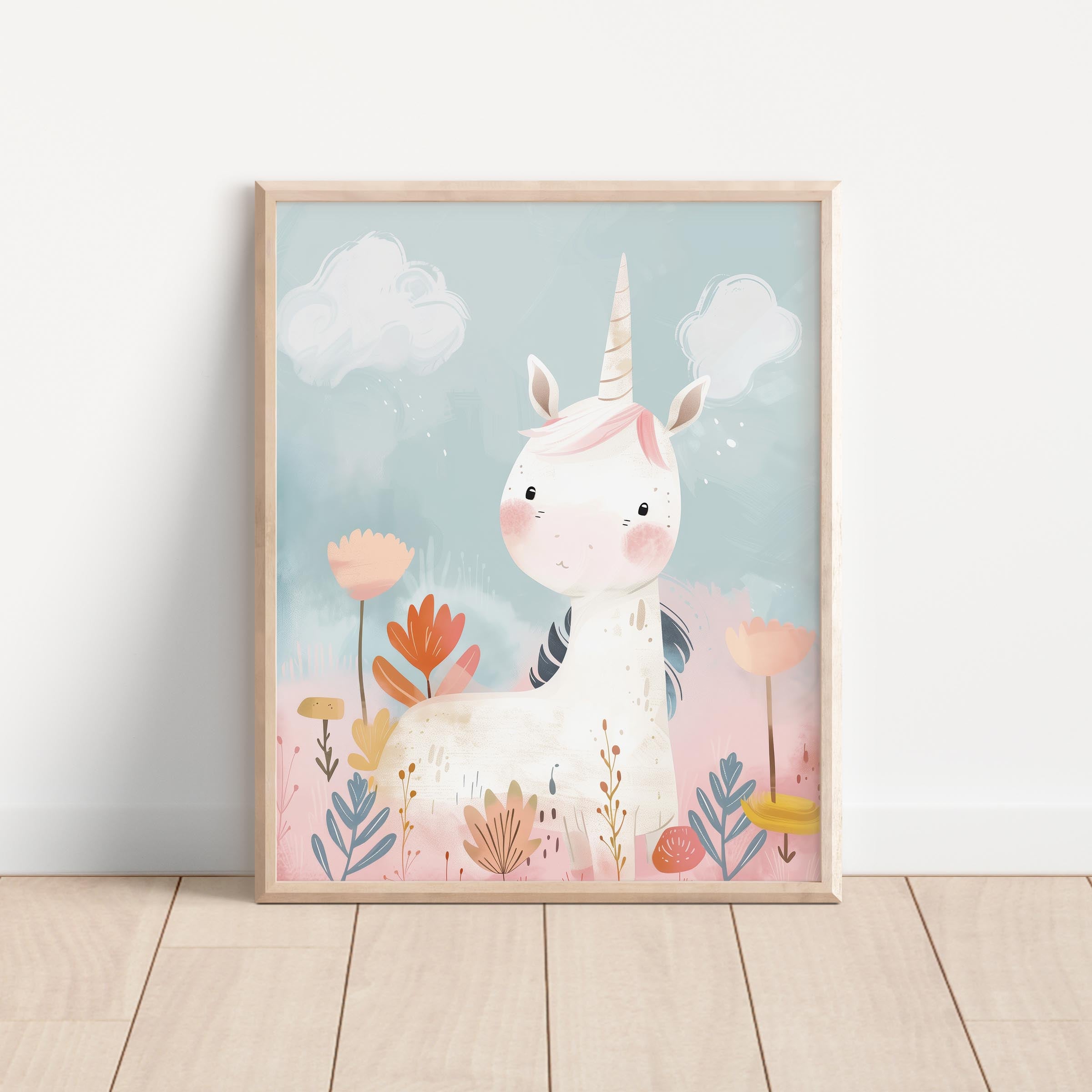 Pastel Unicorn in Meadow – Whimsical Nursery Wall Art