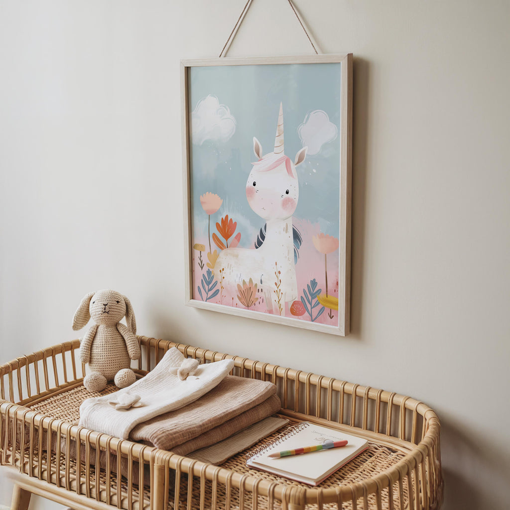 Pastel Unicorn in Meadow – Whimsical Nursery Wall Art