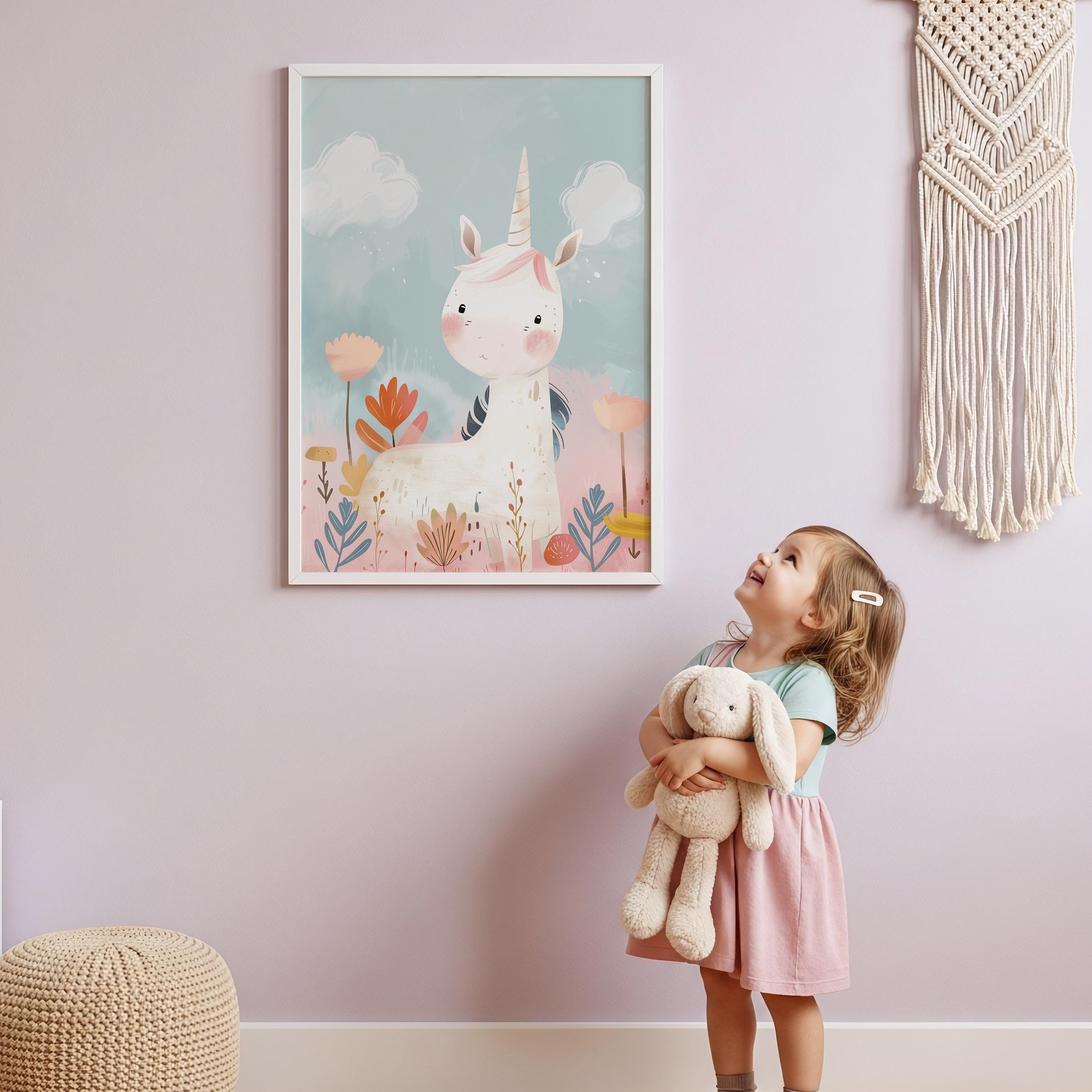 Pastel Unicorn in Meadow – Whimsical Nursery Wall Art
