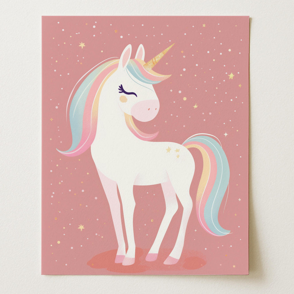 Pastel Rainbow Unicorn – Whimsical Nursery Wall Print (Unframed)