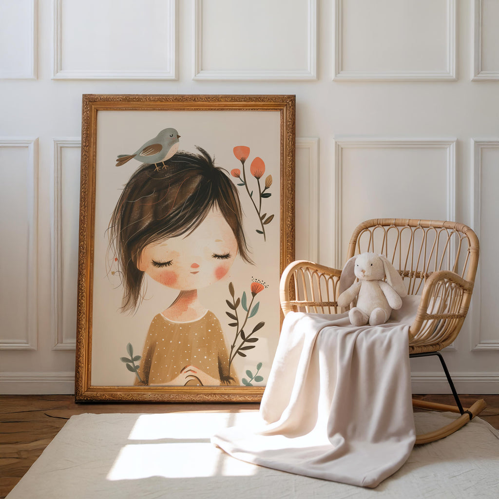 Peaceful Child & Bird Pastel Nursery Wall Art