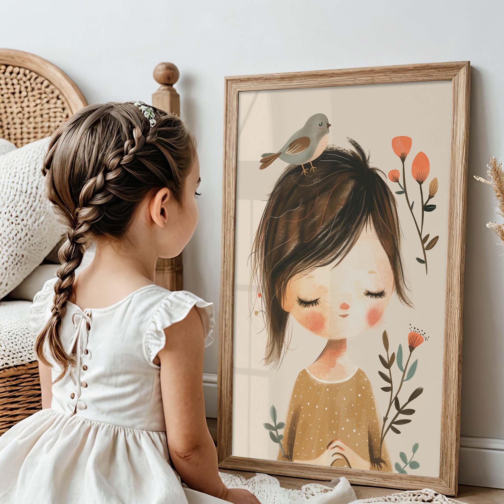 Peaceful Child & Bird Pastel Nursery Wall Art