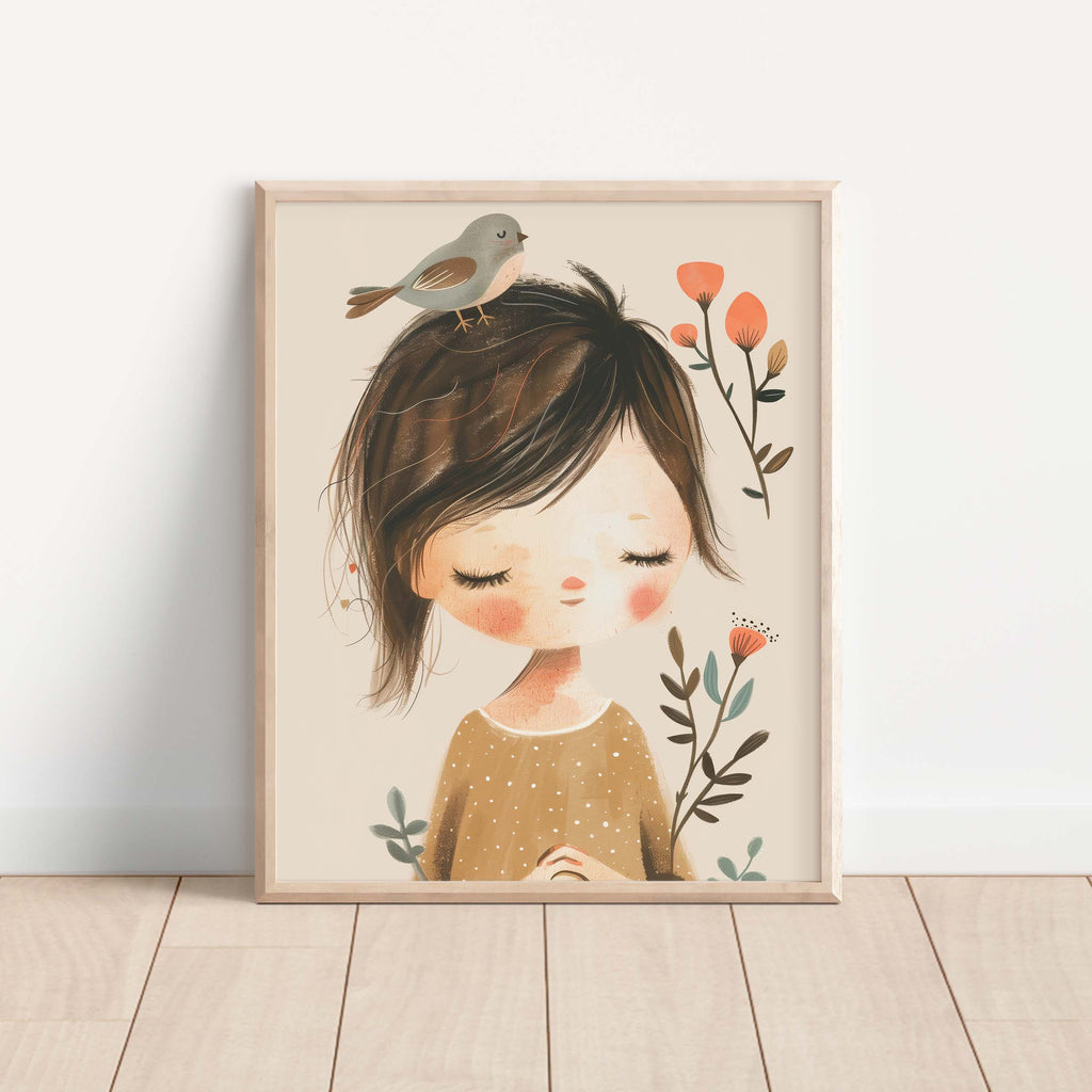 Peaceful Child & Bird Pastel Nursery Wall Art