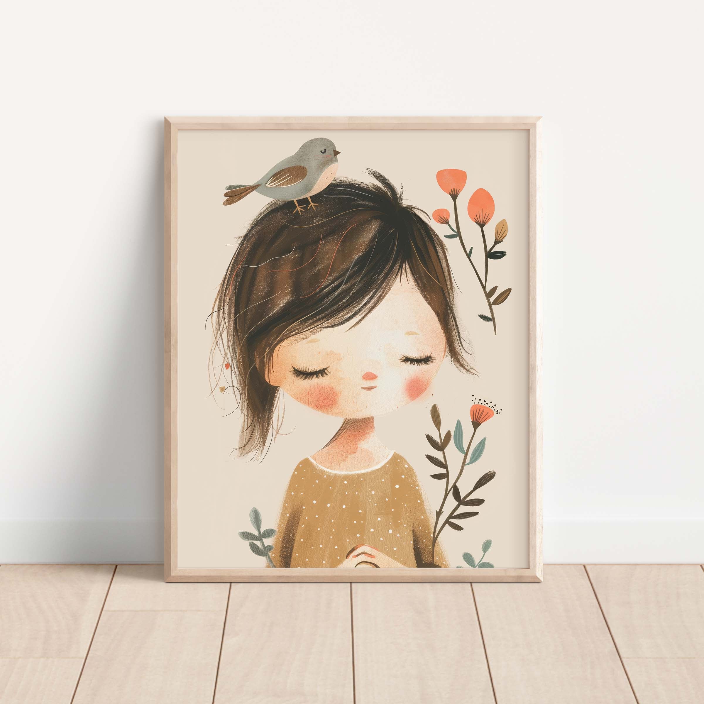 Peaceful Child & Bird Pastel Nursery Wall Art