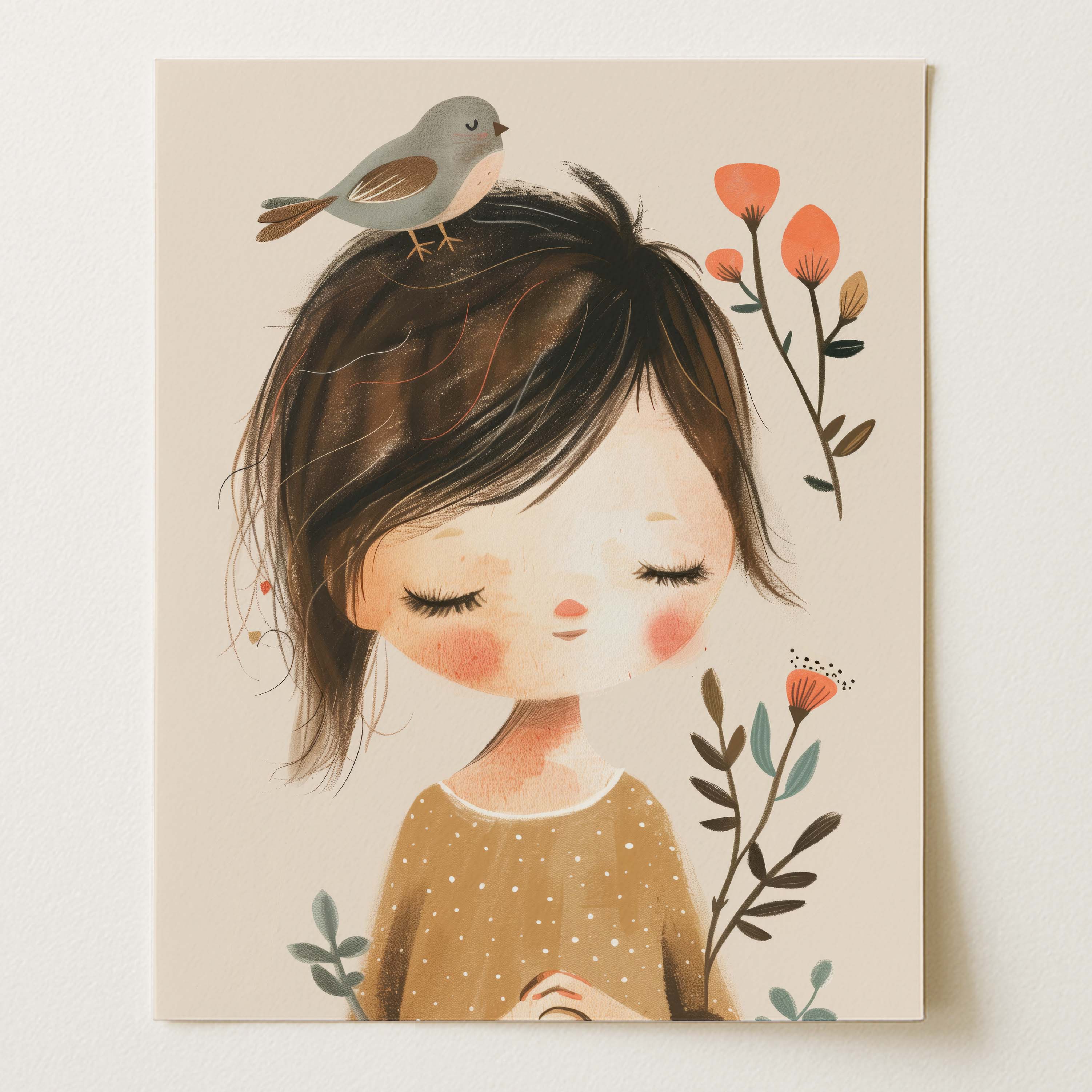Peaceful Child & Bird Pastel Nursery Wall Art (Unframed)
