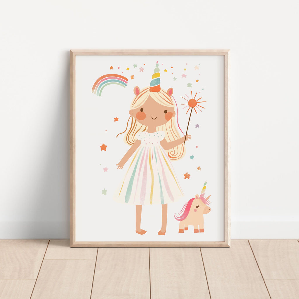 Playful Girl and Unicorn Magic Wall Art Print