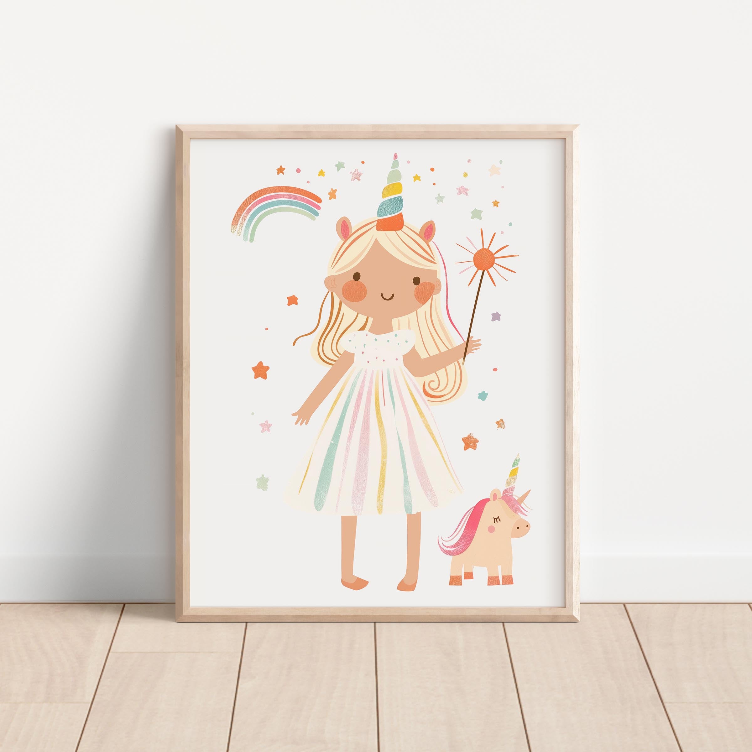 Playful Girl and Unicorn Magic Wall Art Print