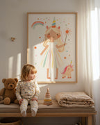 Playful Girl and Unicorn Magic Wall Art Print