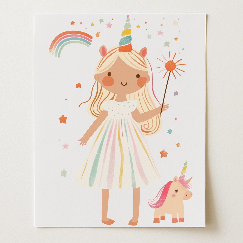 Playful Girl and Unicorn Magic Wall Art Print (Unframed)