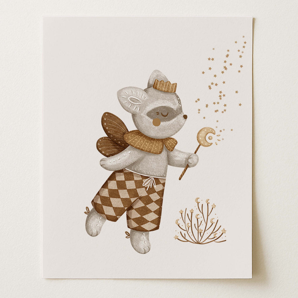 Raccoon with Magic Wand – Whimsical Woodland Wall Art Print (Unframed)