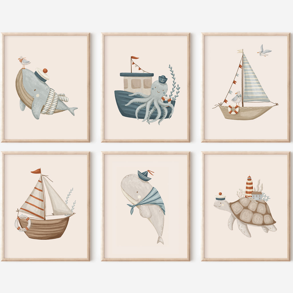 Sea-Life & Sailboats Nursery Wall Art – Set of 6