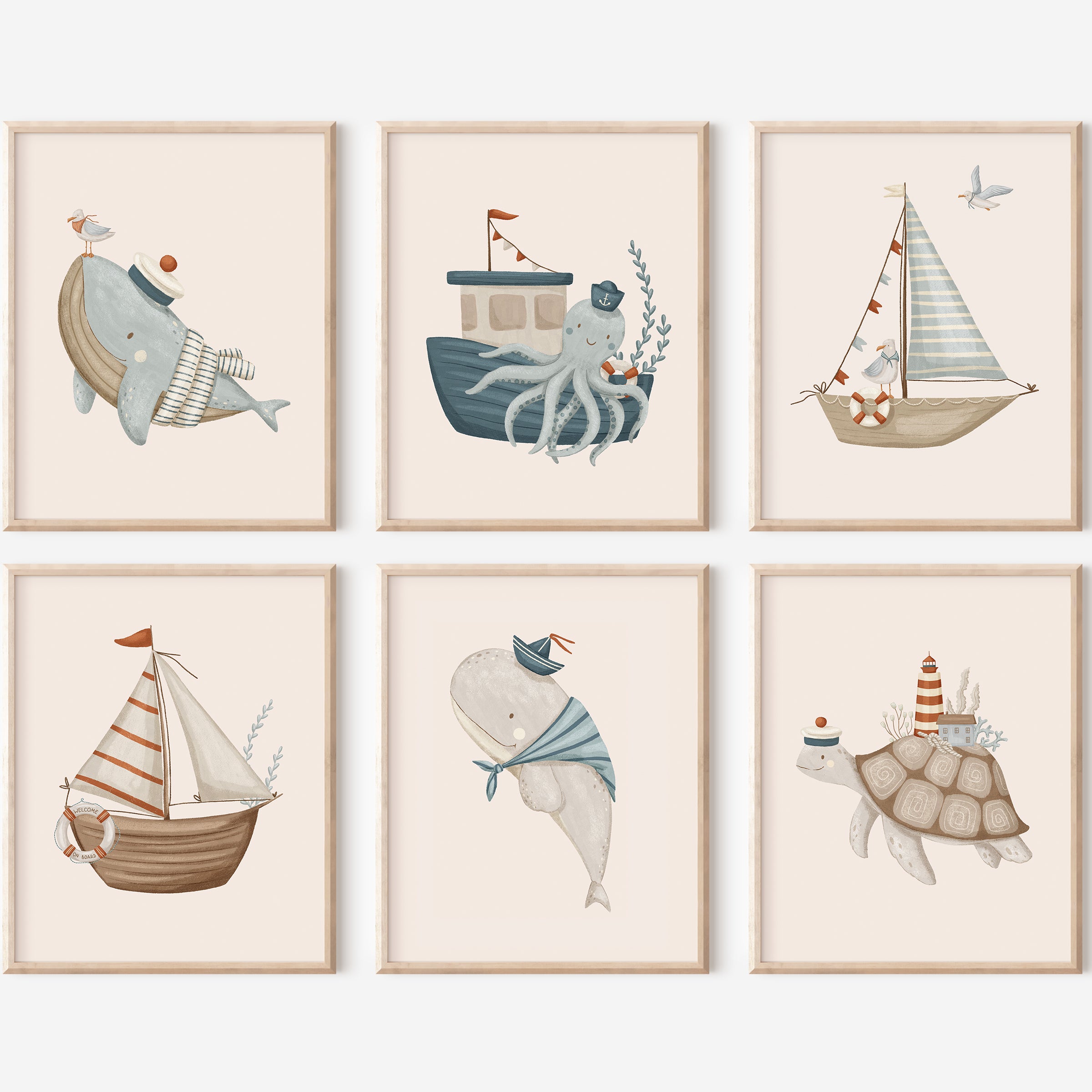 Sea-Life & Sailboats Nursery Wall Art – Set of 6