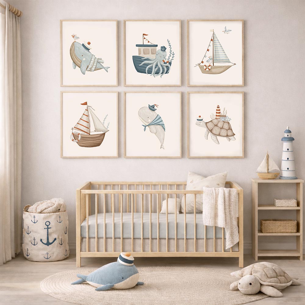 Sea-Life & Sailboats Nursery Wall Art Prints – Set of 6 (Unframed)
