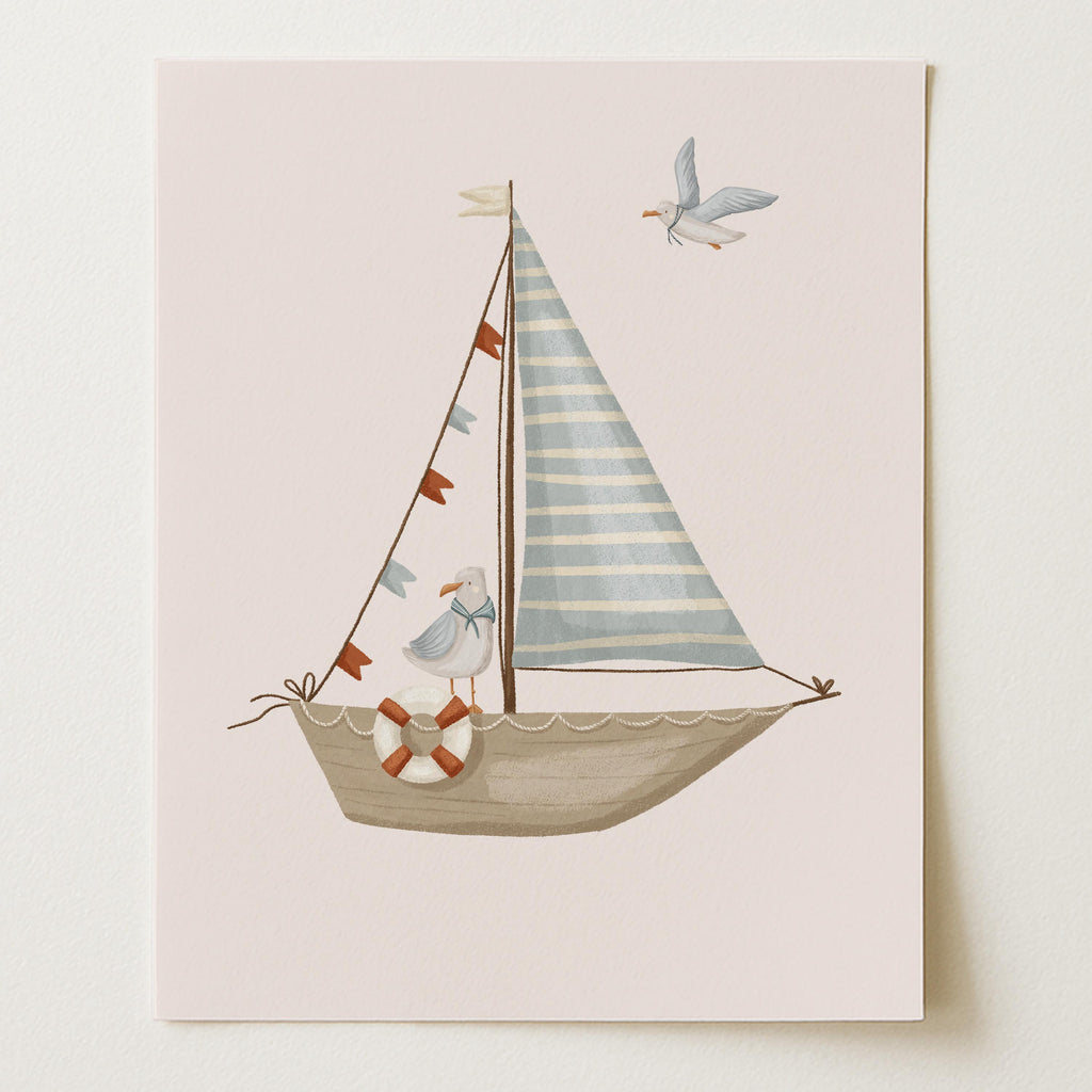 Seagulls & Sailboat Nautical Nursery Wall Art Print (Unframed)