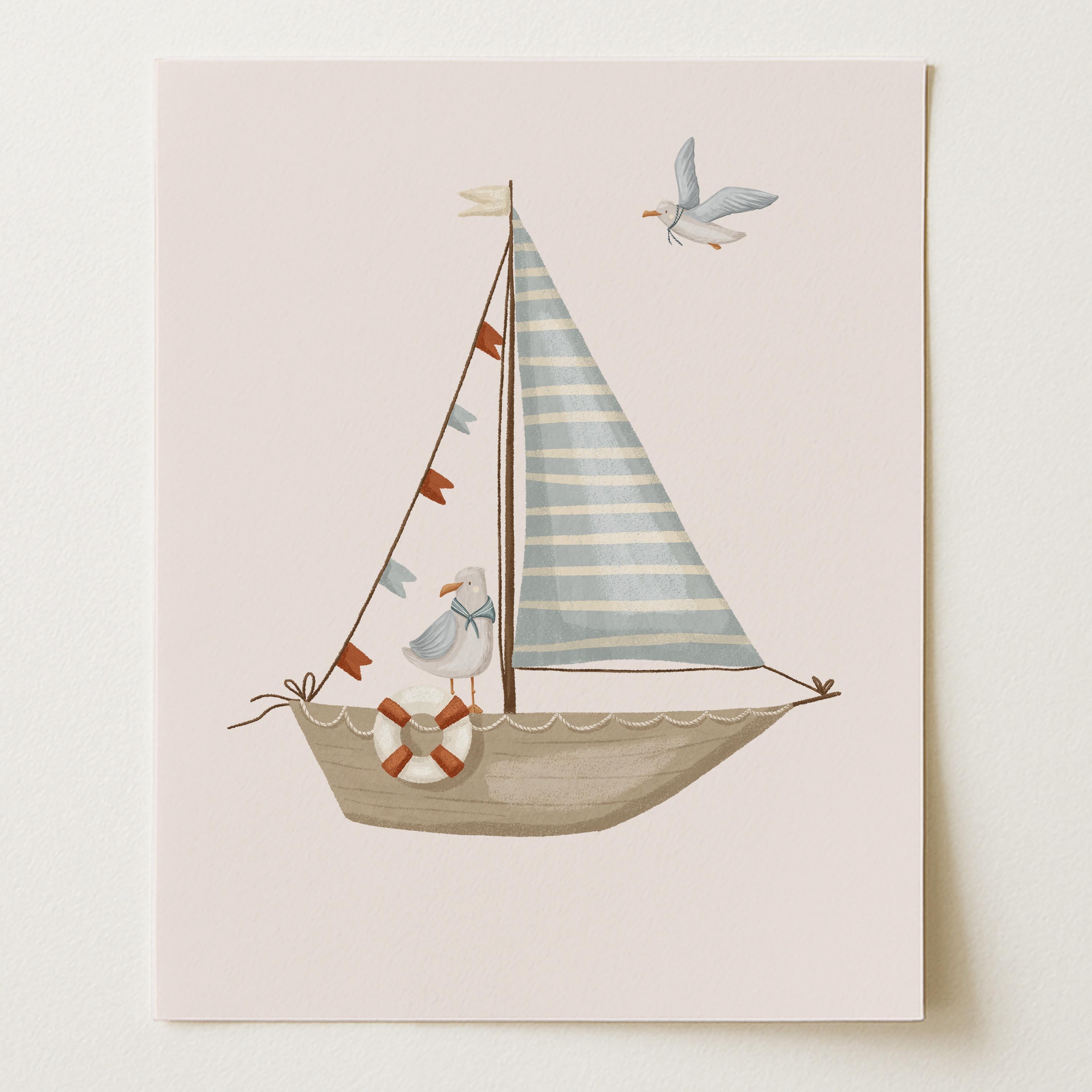 Seagulls & Sailboat Nautical Nursery Wall Art Print (Unframed)