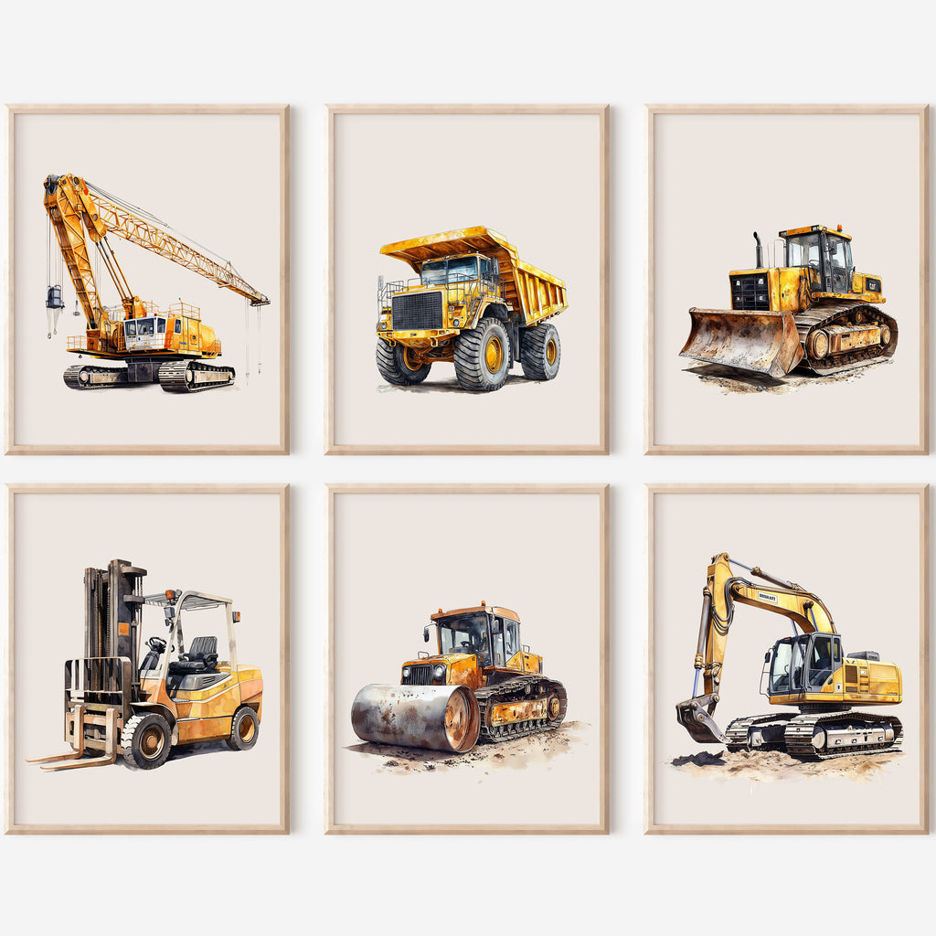 Set of six framed illustrations of construction vehicles on a white background