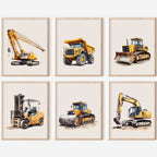 Set of six framed illustrations of construction vehicles on a white background