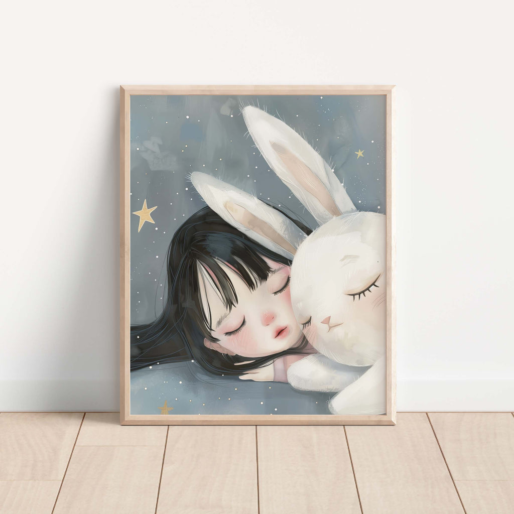 Sleeping Girl with Bunny – Dreamy Night Sky Wall Art