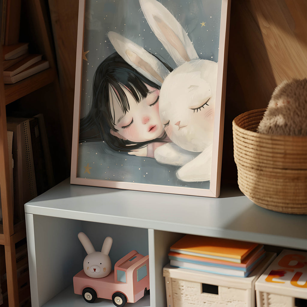 Sleeping Girl with Bunny – Dreamy Night Sky Wall Art