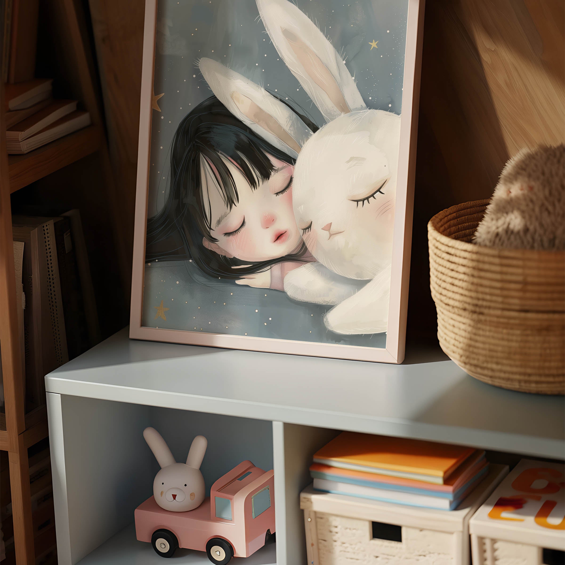 Sleeping Girl with Bunny – Dreamy Night Sky Wall Art