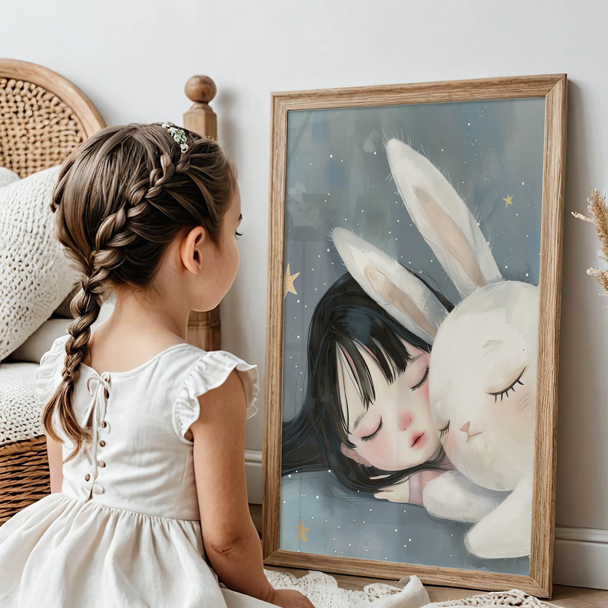 Sleeping Girl with Bunny – Dreamy Night Sky Wall Art