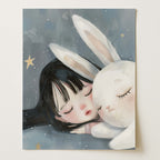 Sleeping Girl with Bunny – Dreamy Night Sky Wall Art Print (Unframed)