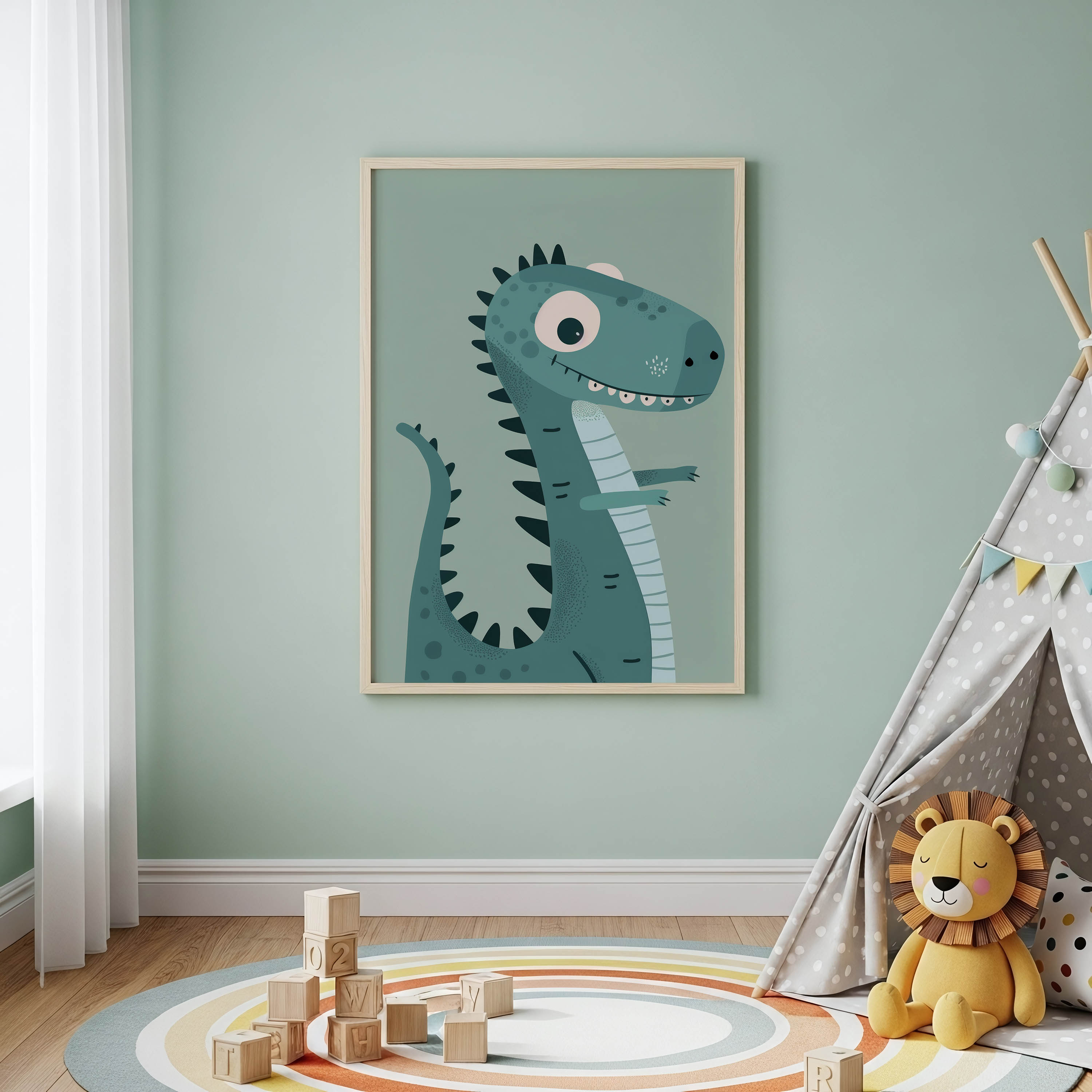 Teal Triceratops Dinosaur Wall Art