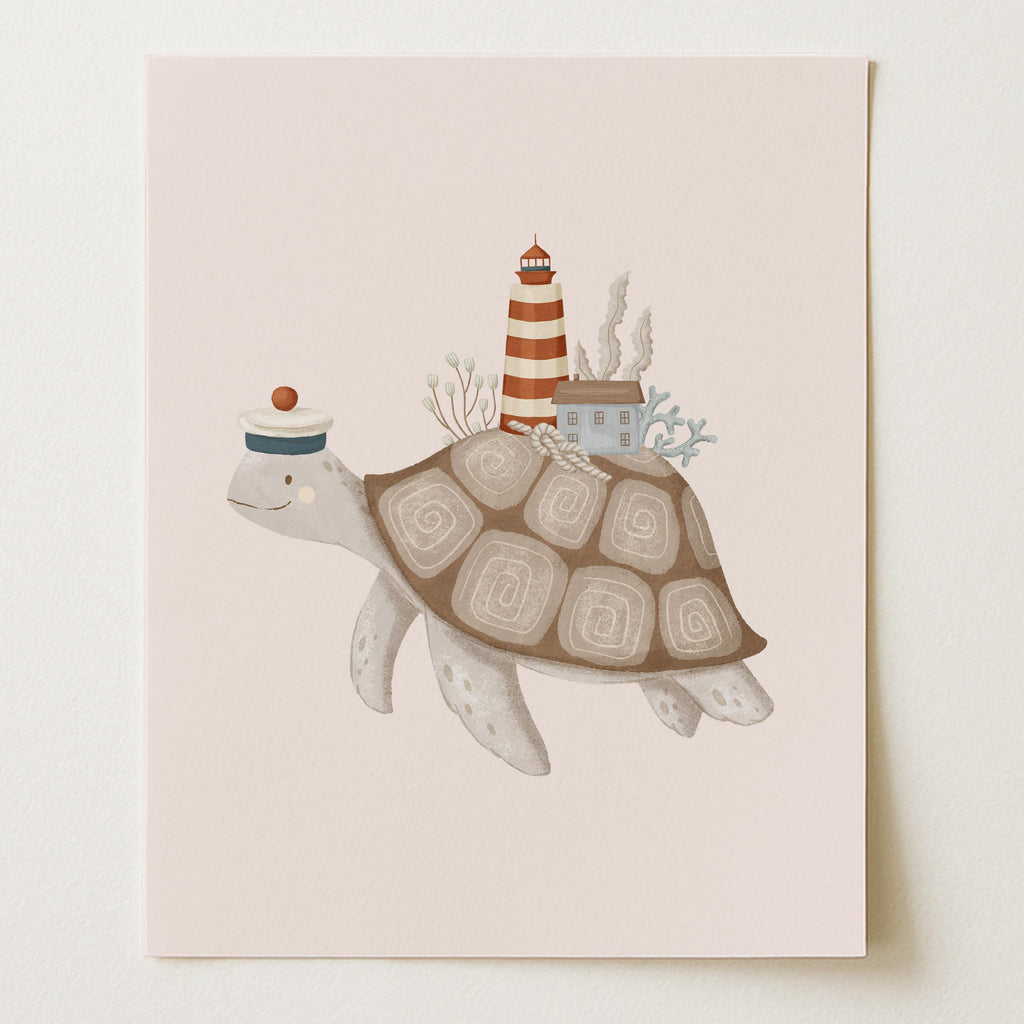 Turtle Sailor & Lighthouse Nautical Nursery Wall Art Print (Unframed)