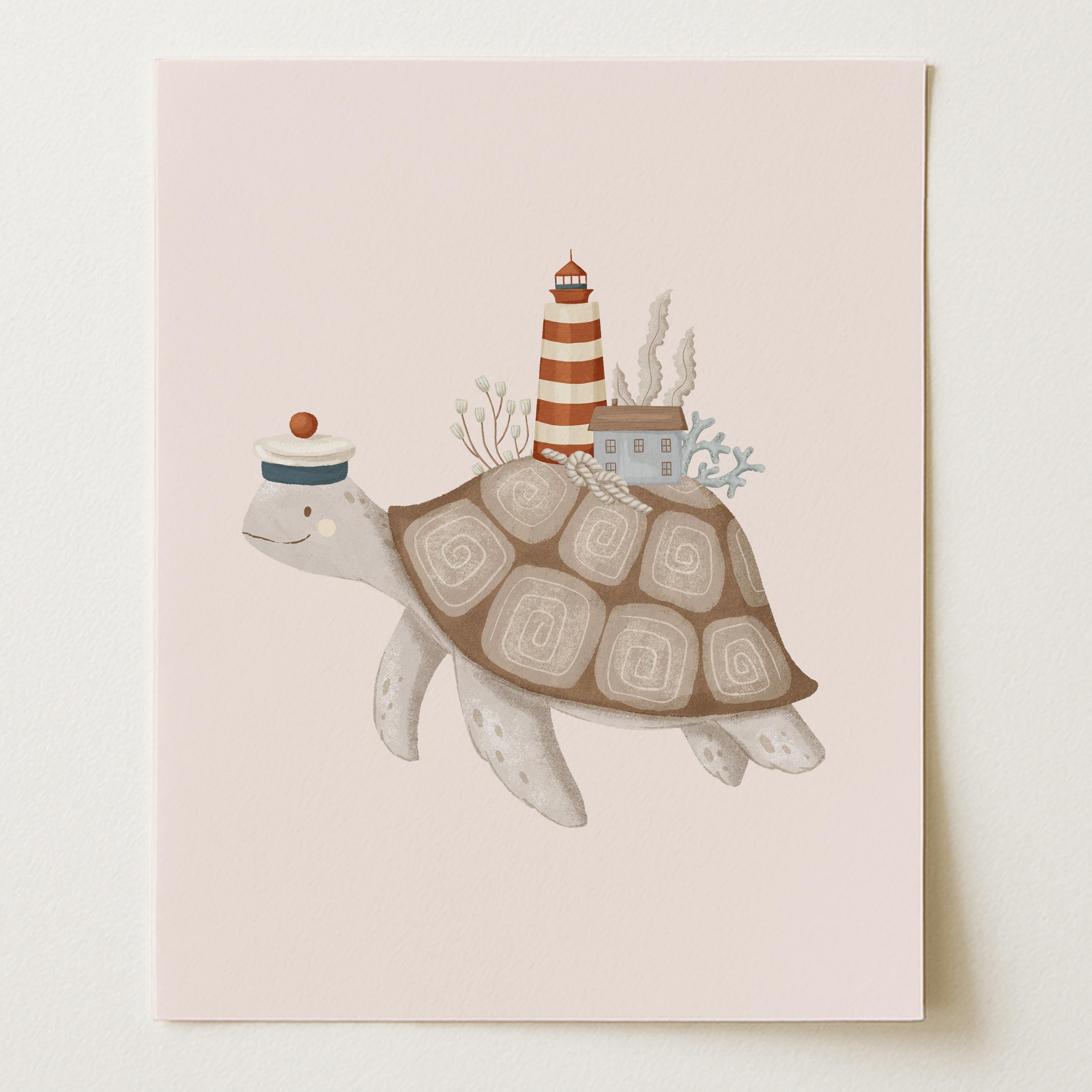 Turtle Sailor & Lighthouse Nautical Nursery Wall Art Print (Unframed)