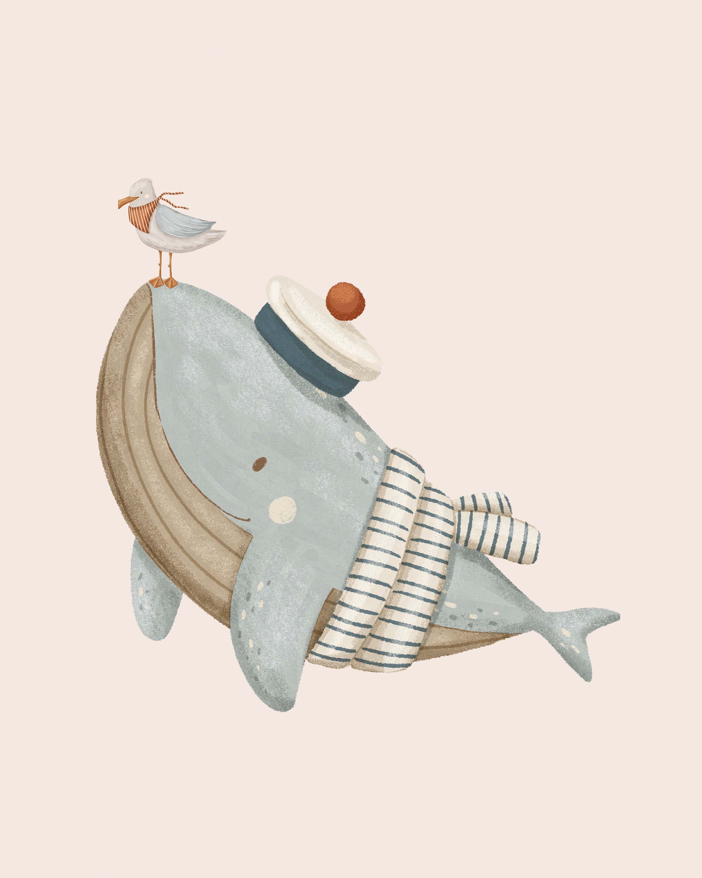 Whale & Seagull Nautical Nursery Wall Art Print (Unframed)