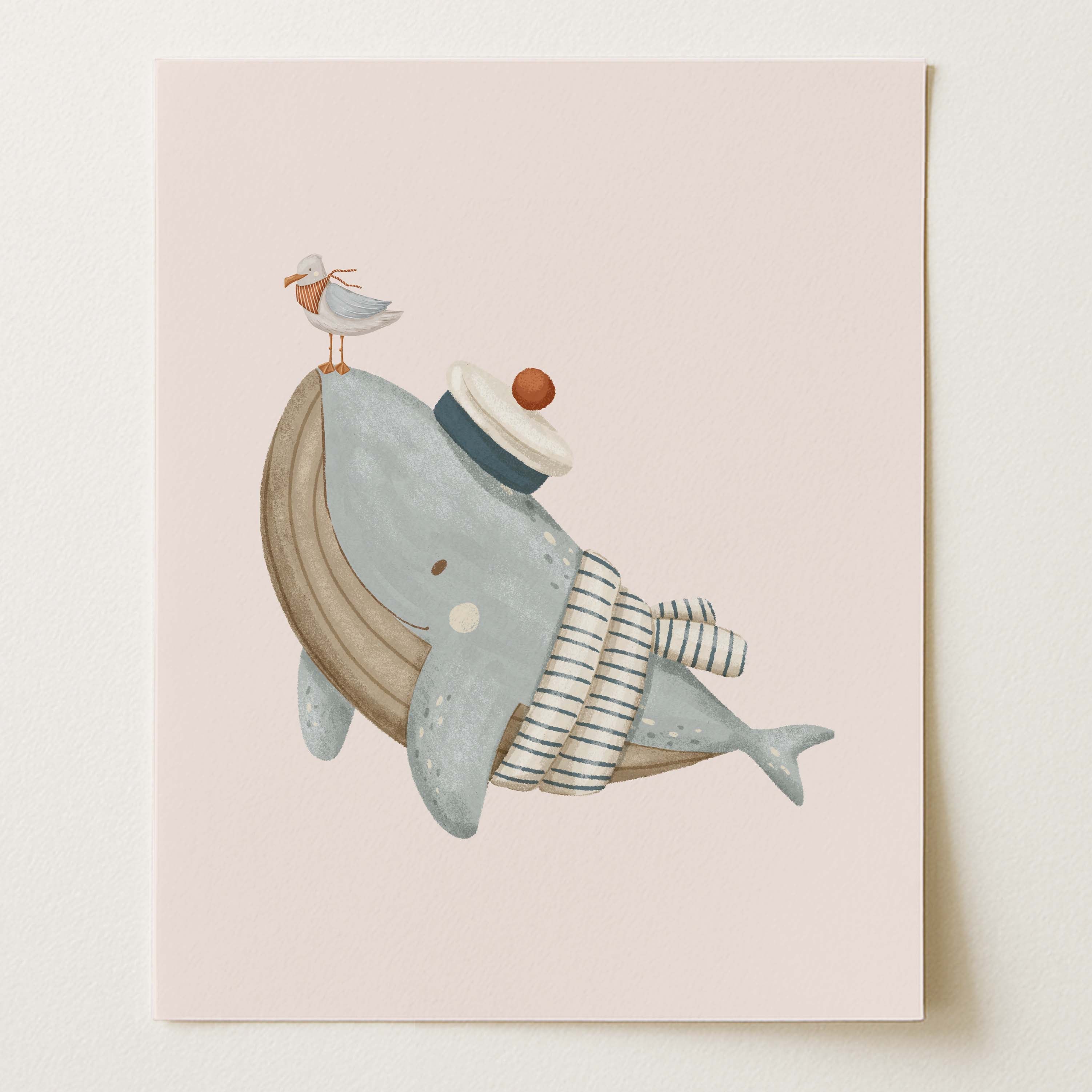Whale & Seagull Nautical Nursery Wall Art Print (Unframed)
