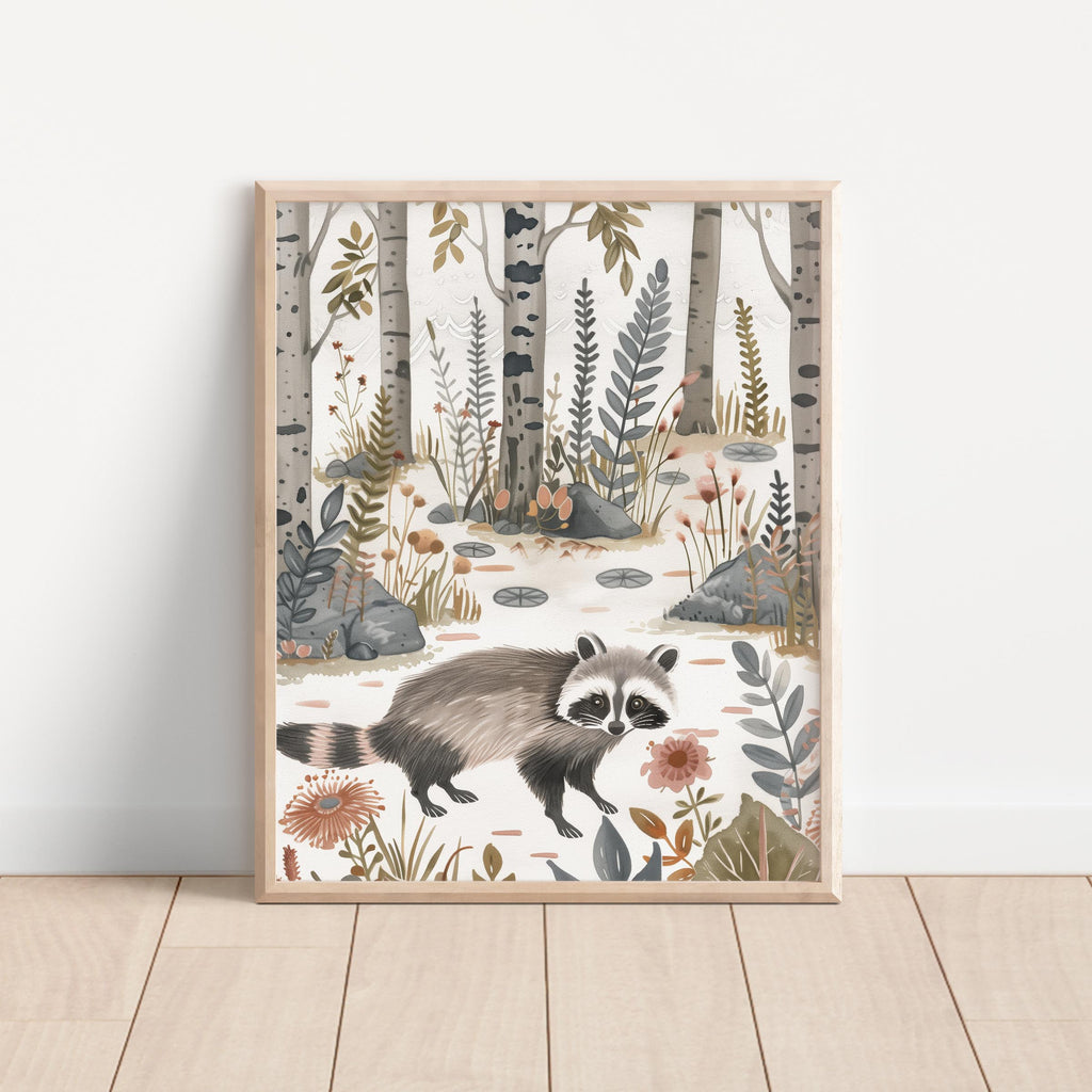 Whimsical Raccoon Forest Wall Art Print