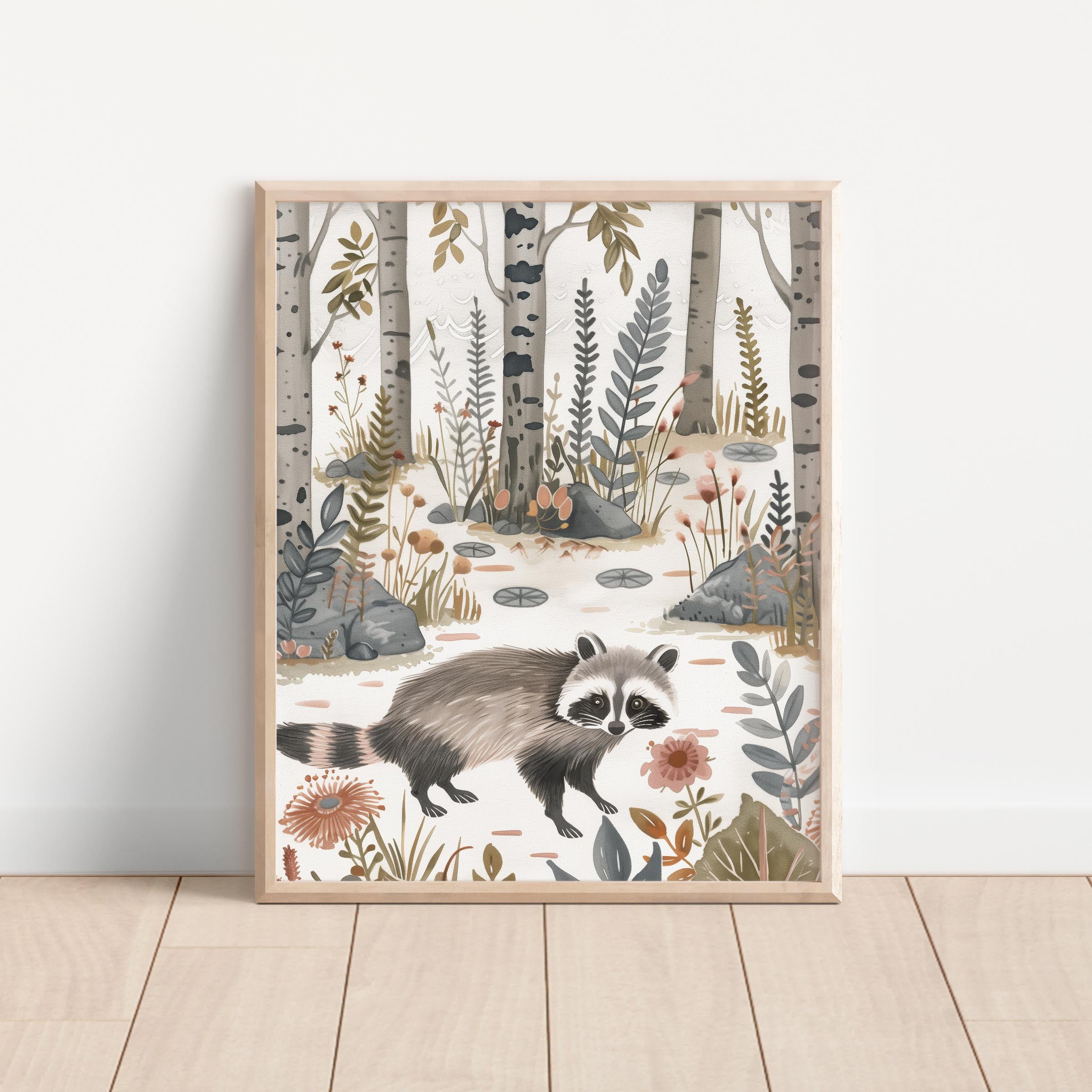 Whimsical Raccoon Forest Wall Art Print