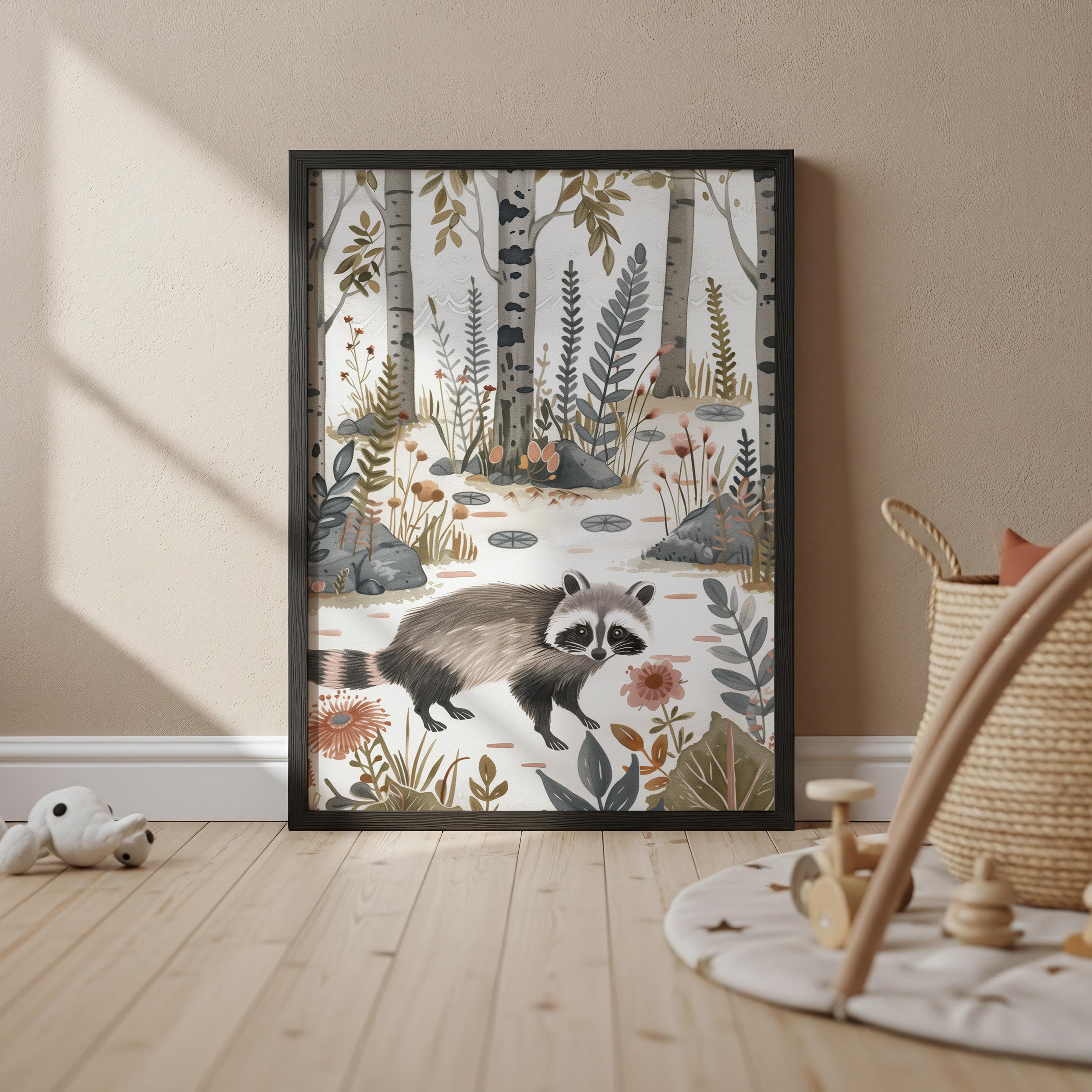 Whimsical Raccoon Forest Wall Art Print