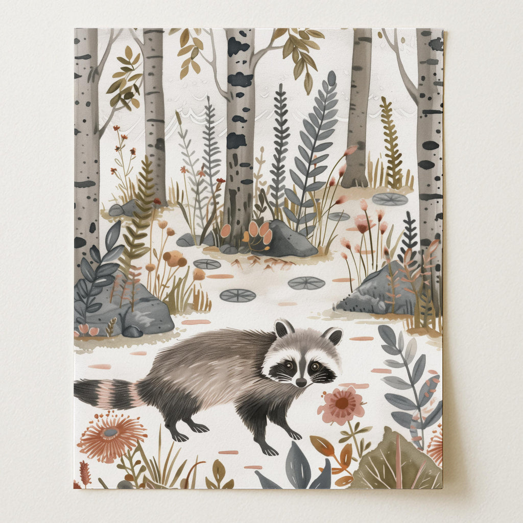Whimsical Raccoon Forest Wall Art Print (Unframed)