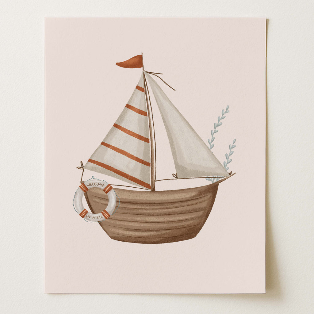 Wood Sailboat “Welcome On Board” Nautical Nursery Wall Art Print (Unframed)